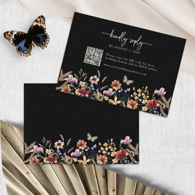 Black Boho Wildflower RSVP Card (Black Boho Wildflower RSVP Card with QR Code by Painted Paperie
)