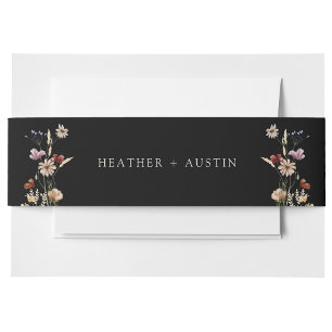 Black Boho Wildflower Wedding Belly Band Invitation Belly Band