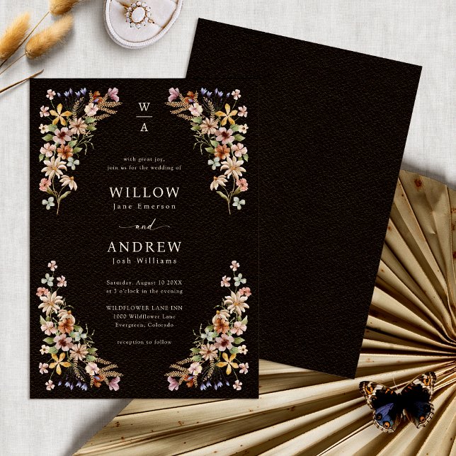 Black Boho Wildflower Wedding Invitation (Black Boho Wildflower Wedding Invitation Monogram by Painted Paperie
)