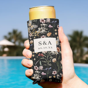 Black Boho Wildflower Wedding Seltzer Can Cooler