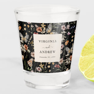 Black Boho Wildflower Wedding Shot Glass