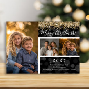 Black Bokeh Gold Glitter 3-Photo Merry Christmas Holiday Card