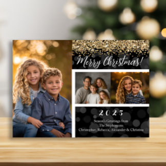 Black Bokeh Gold Glitter 3-Photo Merry Christmas Holiday Card