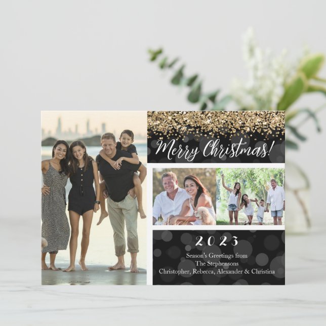 Black Bokeh Gold Glitter 3-Photo Merry Christmas Invitation (Standing Front)