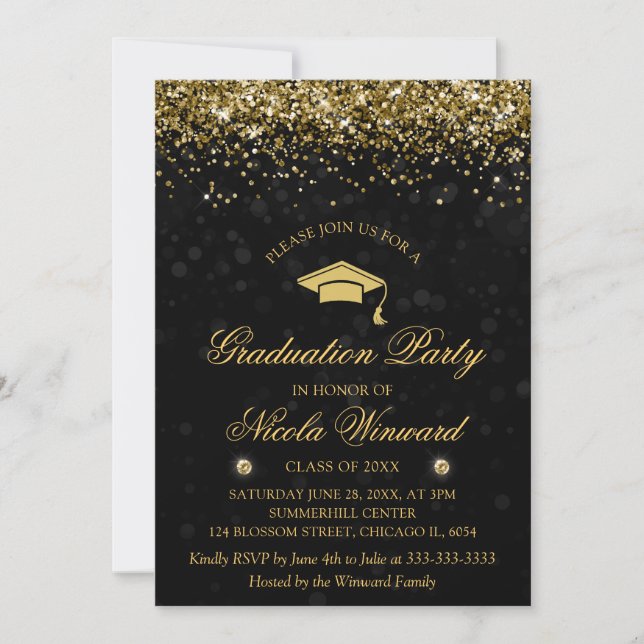 Black Bokeh & Gold Glitter Graduation Party Invitation (Front)