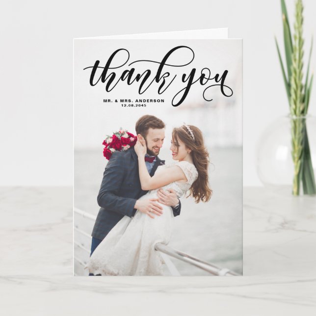 Black Bold Calligraphy Modern Photo Wedding Thank You Card (Front)