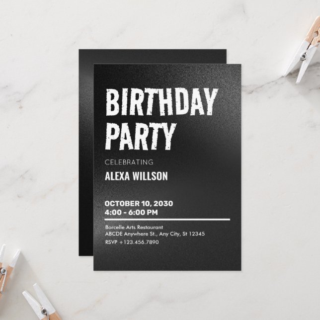 Black Bold Grunge Birthday Invitation (Front/Back In Situ)