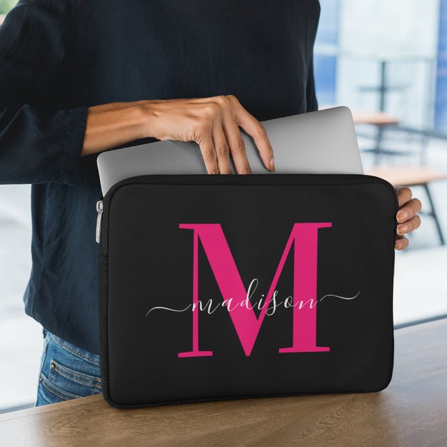 Black & Bold Hot Pink Monogram Initial Girly  Laptop Sleeve (Creator Uploaded)
