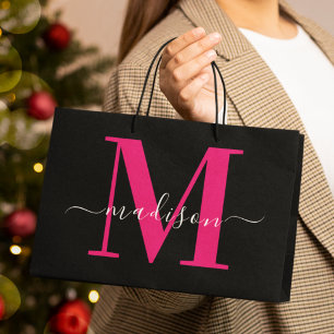 Black & Bold Hot Pink Monogram Initial Girly  Large Gift Bag
