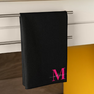 Black & Bold Hot Pink Monogram Initial Name Family Tea Towel