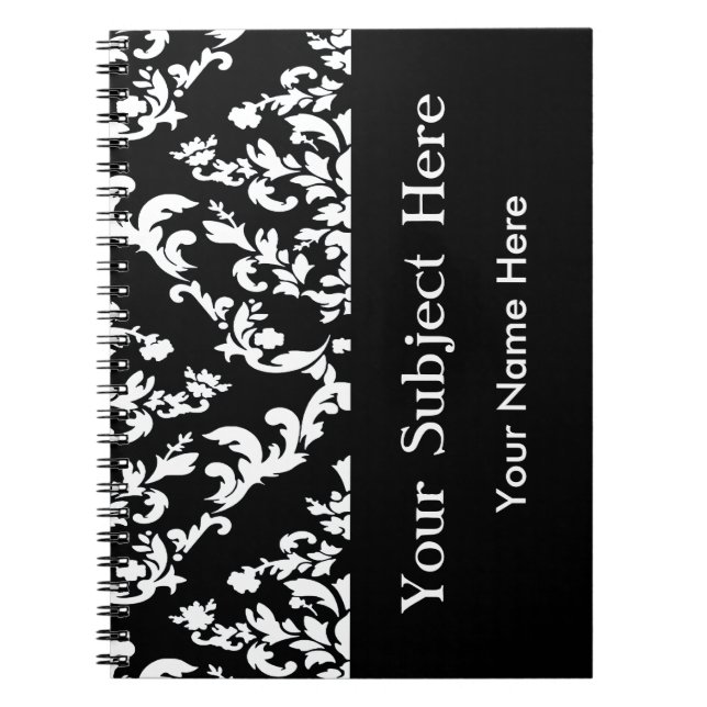 Black Bold Mod Damask w/ custom text Notebook (Front)