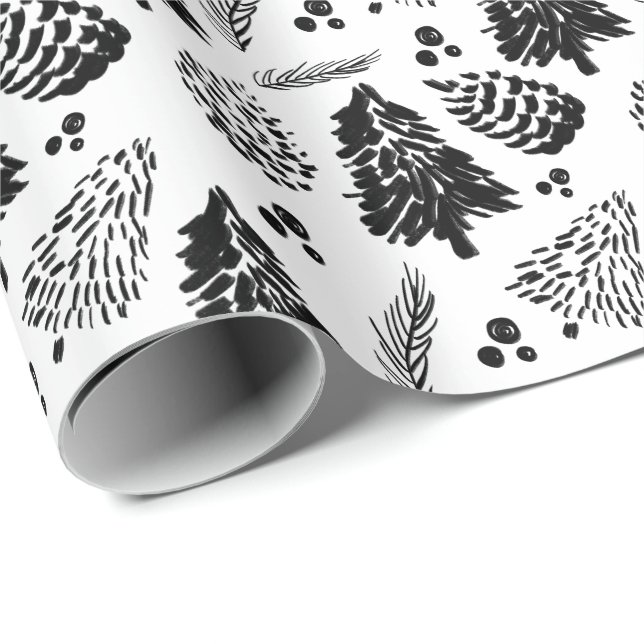 Black Bold Pine Tree Forest & Pinecone Christmas Wrapping Paper (Roll Corner)