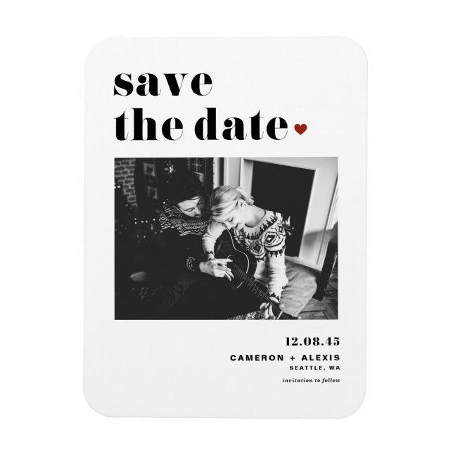 Black Bold Typography Heart Photo Save the Date Magnet (Vertical)