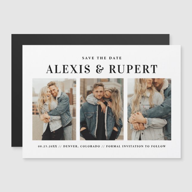Black Bold Typography Three Photo Save the Date Magnetic Invitation (Front/Back)