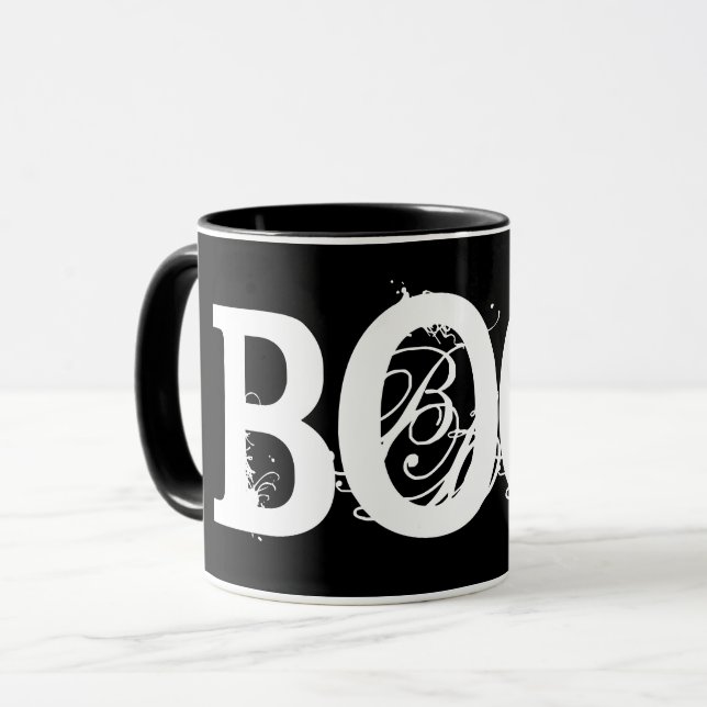 Black "BOO!" Halloween Coffee Mug (Front Left)