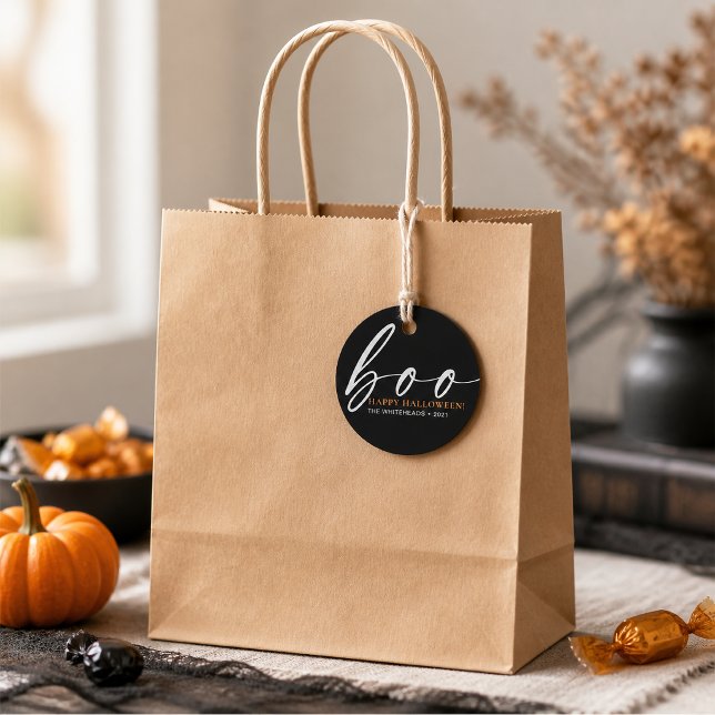 Black Boo Happy Halloween Favour Tags (Give your Halloween favors a sleek and spooky finishing touch with these black “Boo” gift tags)