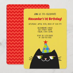 Black Booo The Cat , Funny Black 1st Birthday Invitation