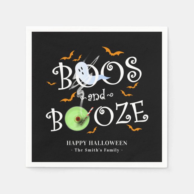 Black Boos & Booze Halloween Party Napkin (Front)