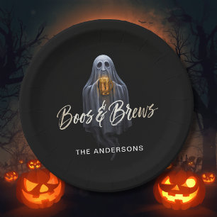 Black Boos & Brews Ghost Halloween Paper Plate