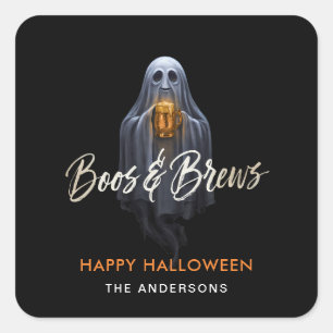 Black Boos & Brews Ghost Halloween Square Sticker