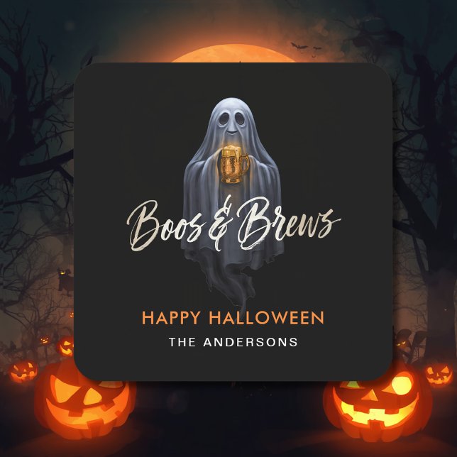 Black Boos & Brews Ghost Halloween Square Sticker (Creator Uploaded)