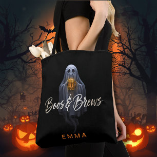Black Boos & Brews Ghost Halloween Tote Bag