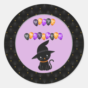 Black Border Black Cat Happy Halloween Balloons Classic Round Sticker
