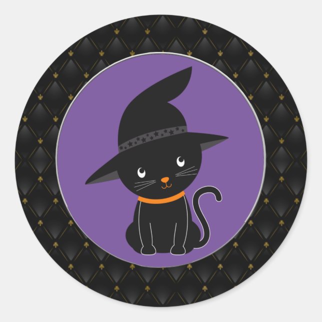Black Border Black Cat With A Witch Hat Halloween Classic Round Sticker (Front)