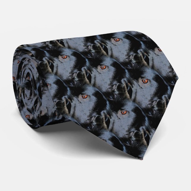 Black Border Collie Dog Face Animal Art Pattern Tie (Rolled)