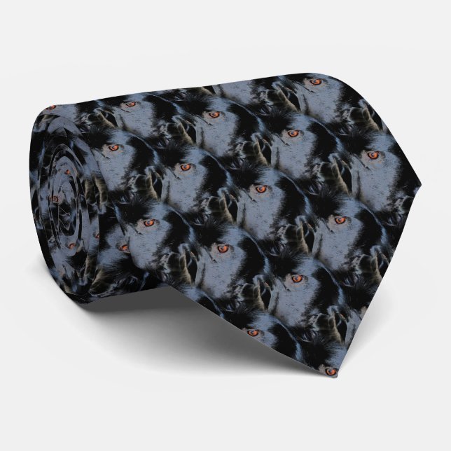 Black Border Collie Dog Face Animal Art Pattern Tie (Rolled)