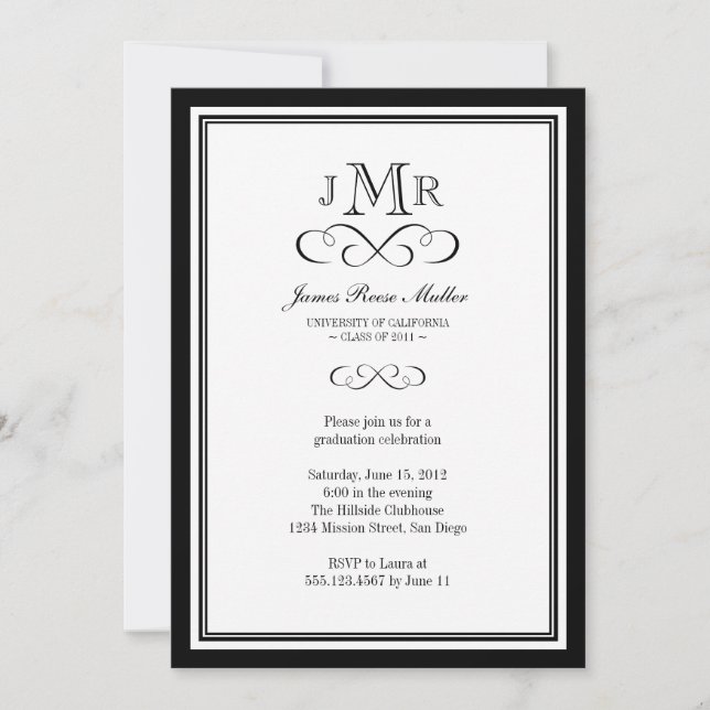 Black border frame classy monogram graduation invitation (Front)