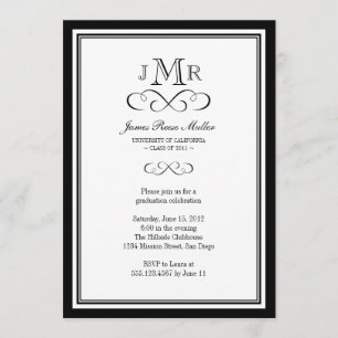 Black border frame classy monogram graduation invitation