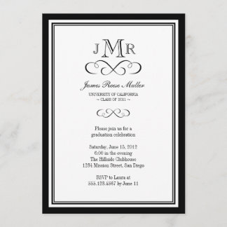 Black border frame classy monogram graduation invitation