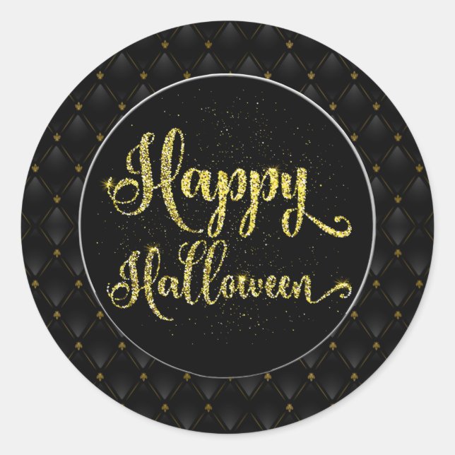 Black Border Gold Glitter On Black Happy Halloween Classic Round Sticker (Front)