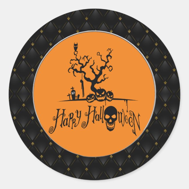 Black Border Happy Halloween Grave Yard Classic Round Sticker (Front)