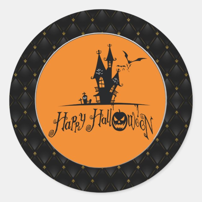 Black Border Happy Halloween Haunted House Classic Round Sticker (Front)
