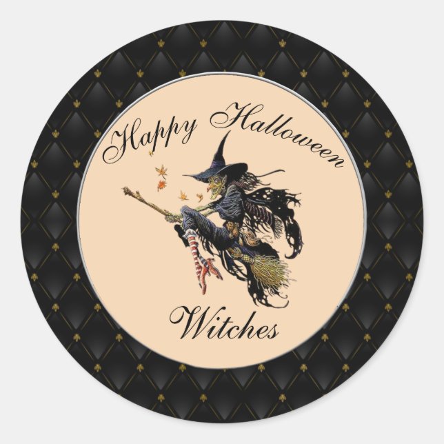 Black Border Happy Halloween Witches Classic Round Sticker (Front)