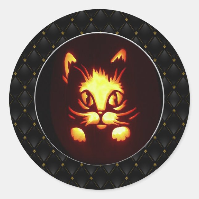 Black Border Orange Glowing Halloween Cat Classic Round Sticker (Front)