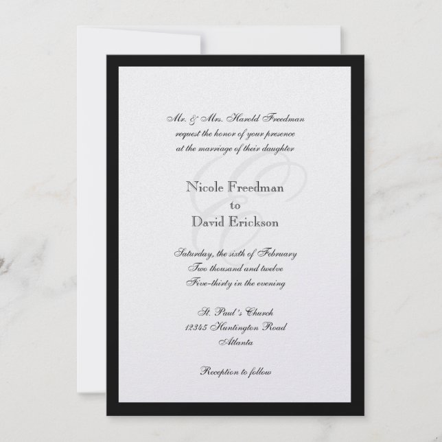 Black border shimmer traditional monogram wedding invitation (Front)
