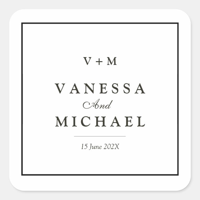 Black border simple unique wedding  square sticker (Front)