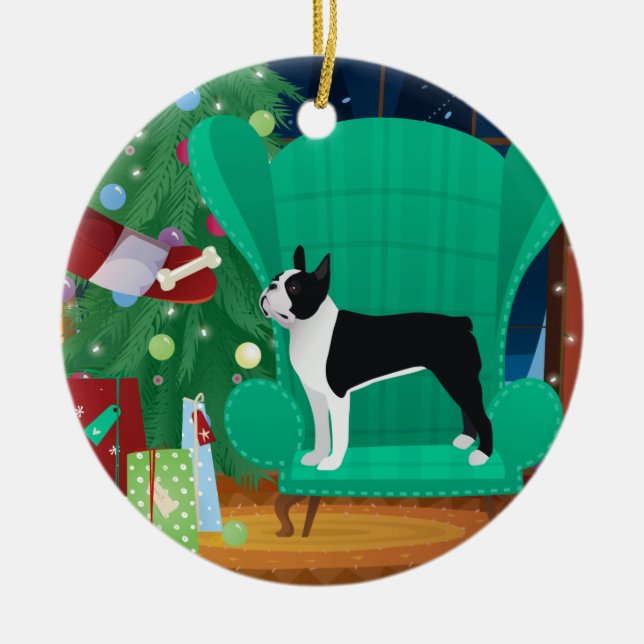 Black Boston Terrier and Santa's Gift Ceramic Tree Decoration (Front)