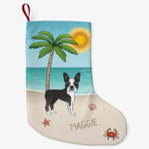 Black Boston Terrier At A Tropical Summer Beach Small Christmas Stocking