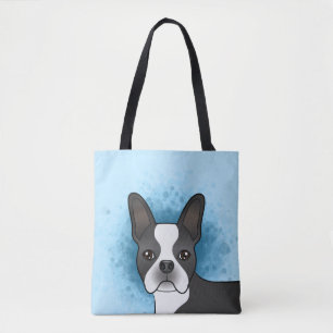 Black Boston Terrier Cartoon Dog Head On Blue Tote Bag