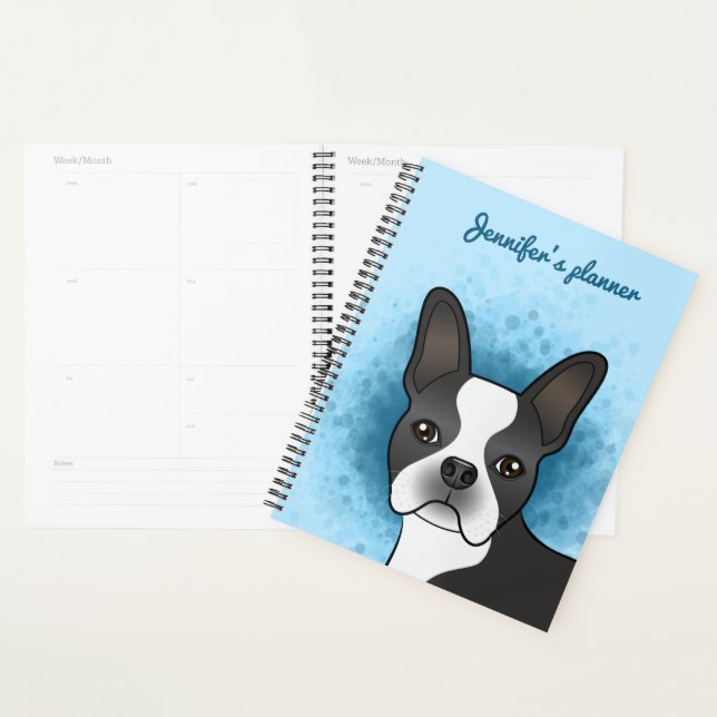 Black Boston Terrier Cartoon Dog On Blue & Text Planner (Display)
