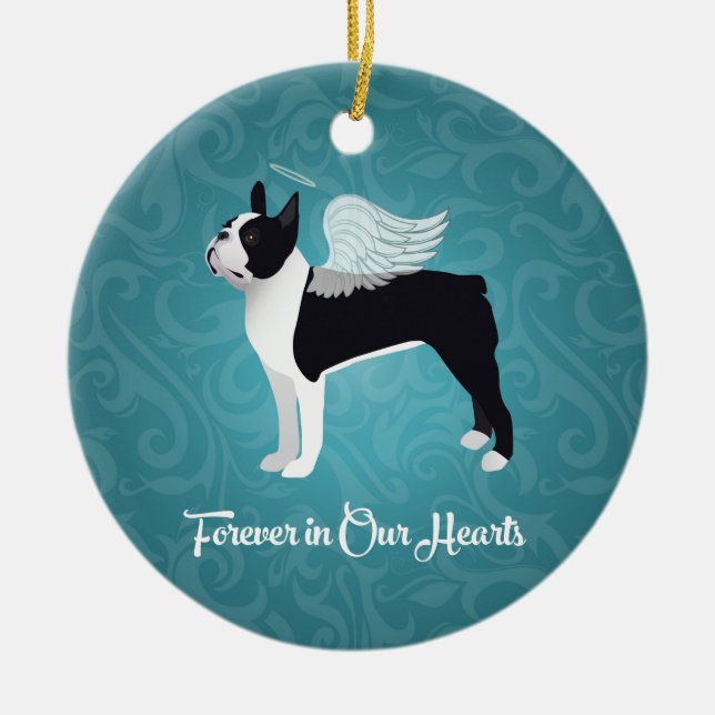 Black Boston Terrier Dog Angel Pet Memorial Ceramic Tree Decoration (Front)
