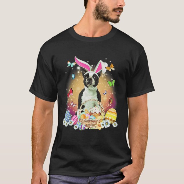 Black Boston Terrier Dog Bunny Easter Eggs Basket  T-Shirt (Front)