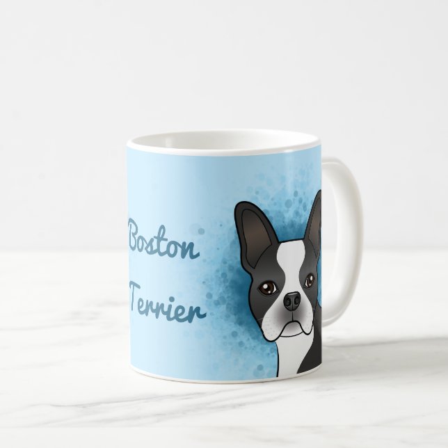 Black Boston Terrier Dog Head On Blue & Text Coffee Mug (Front Right)