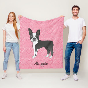 Black Boston Terrier Dog On Pink Hearts And Name Fleece Blanket