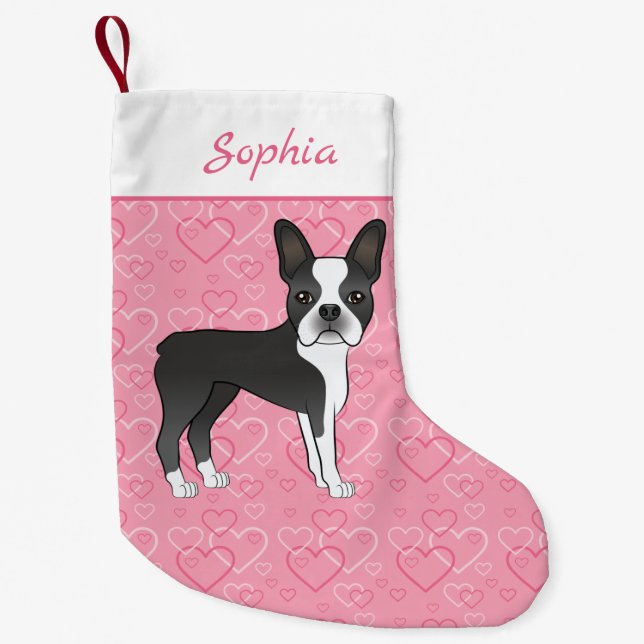 Black Boston Terrier Dog On Pink Hearts And Name Small Christmas Stocking (Front)