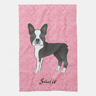 Black Boston Terrier Dog On Pink Hearts And Name Tea Towel